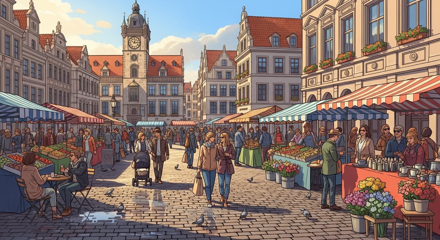 View of Market Square with stalls and historic buildings.