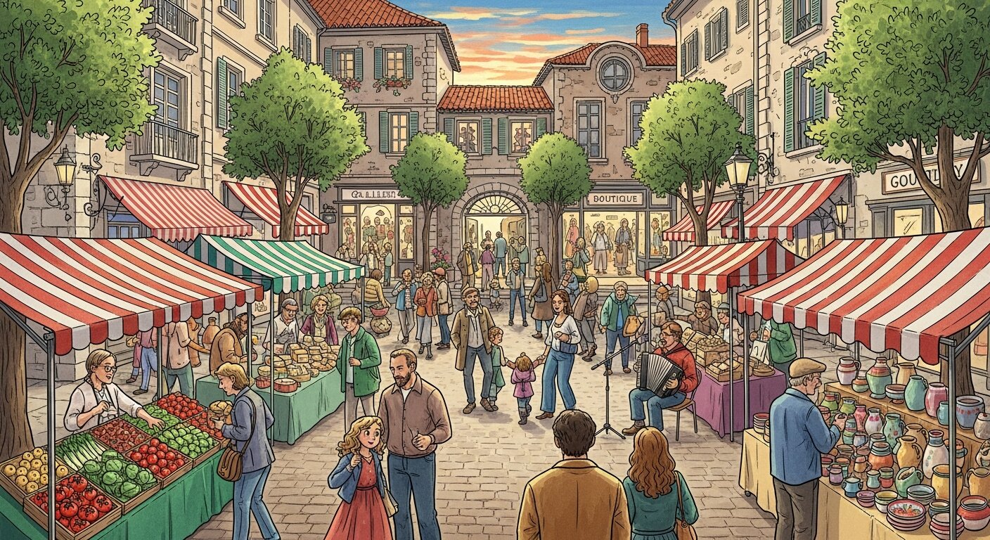 People exploring historic Market Square with local shops and culture.