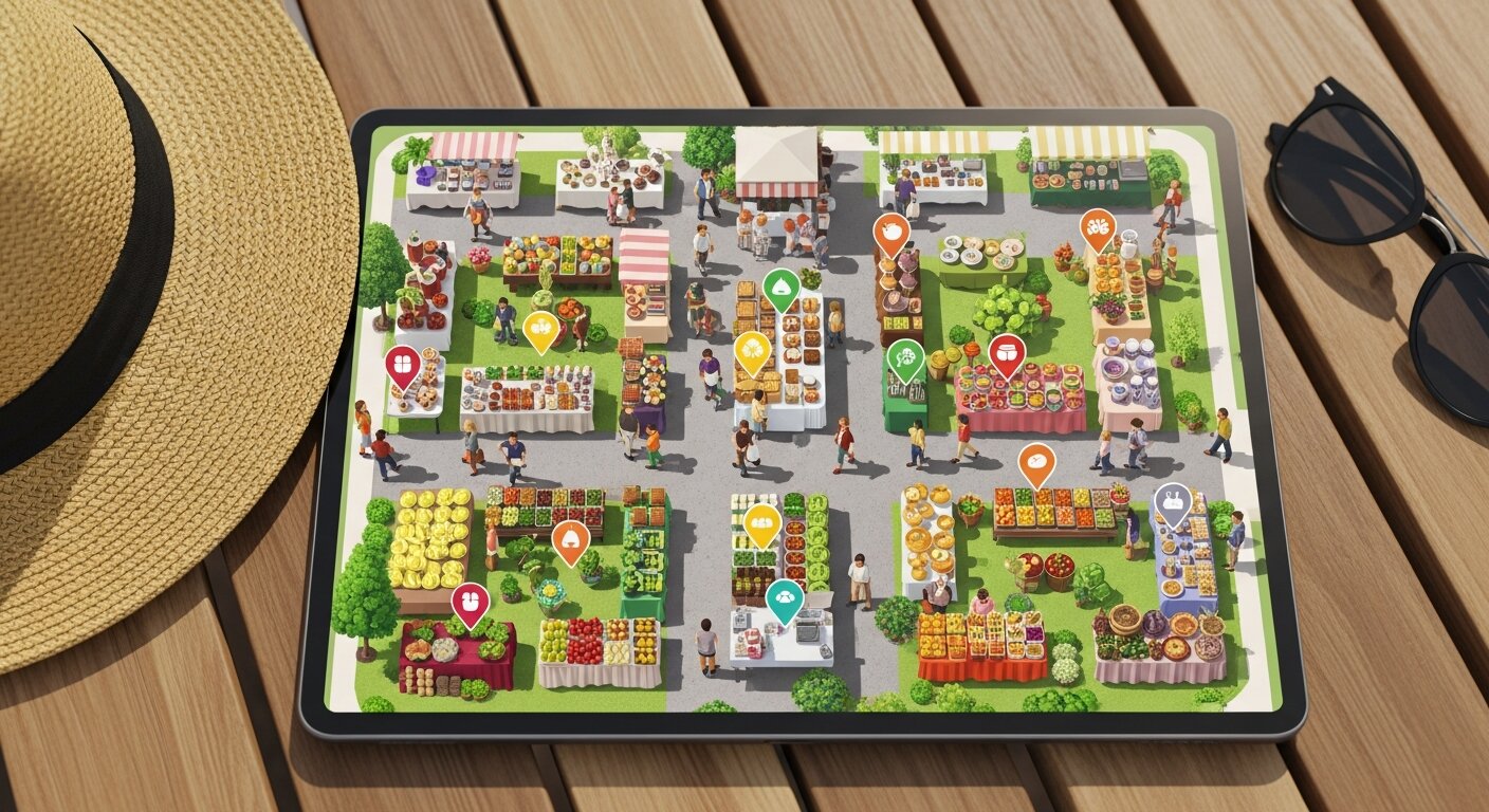 Planning a visit to a farmers market with map and stalls.