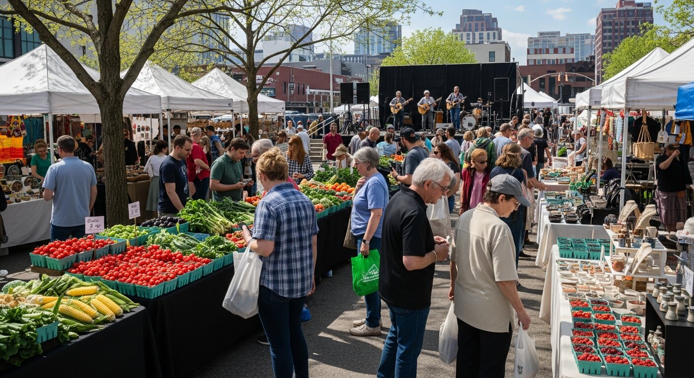 Busy Nashville farmers market with stalls, visitors, and live activities.