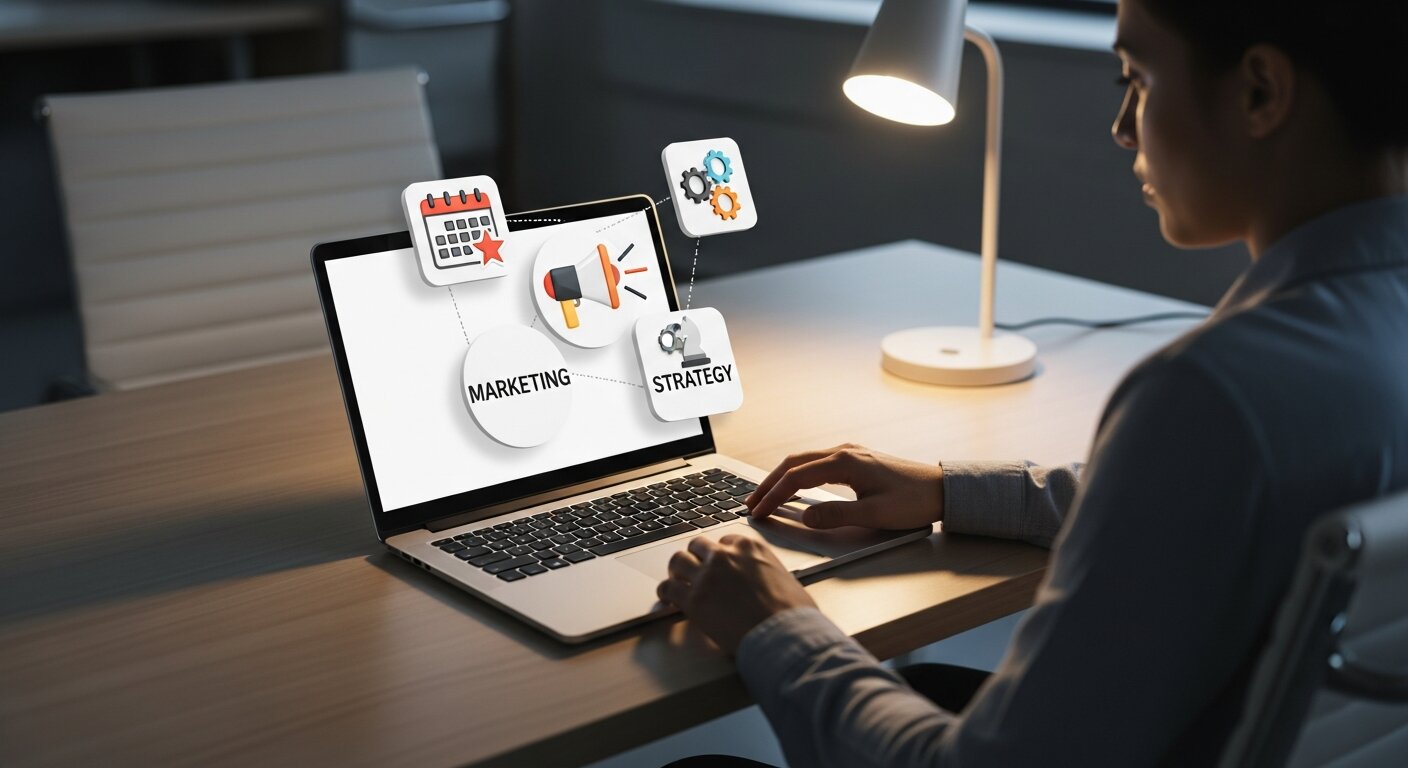 Person analyzing marketing solutions for successful event planning.