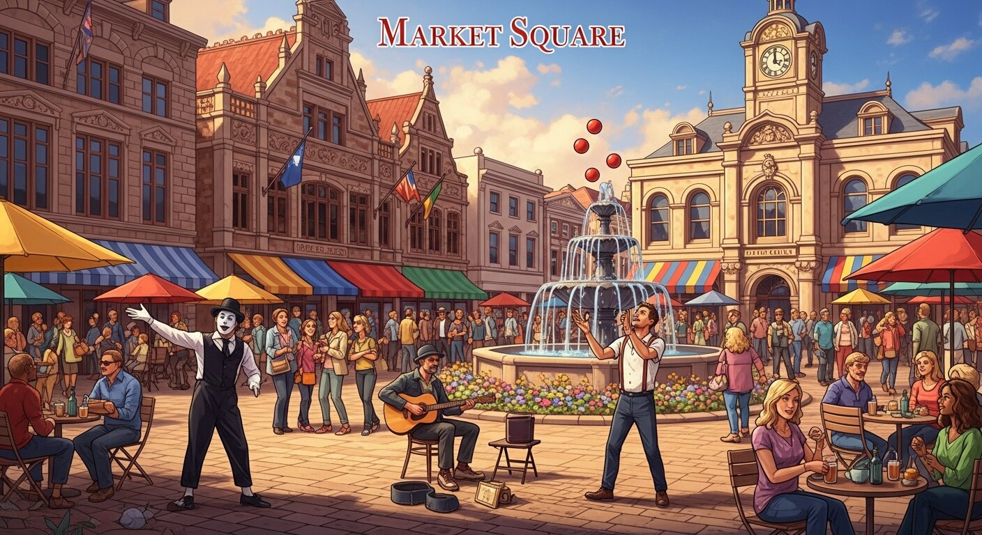 Crowded Market Square with people enjoying local culture.