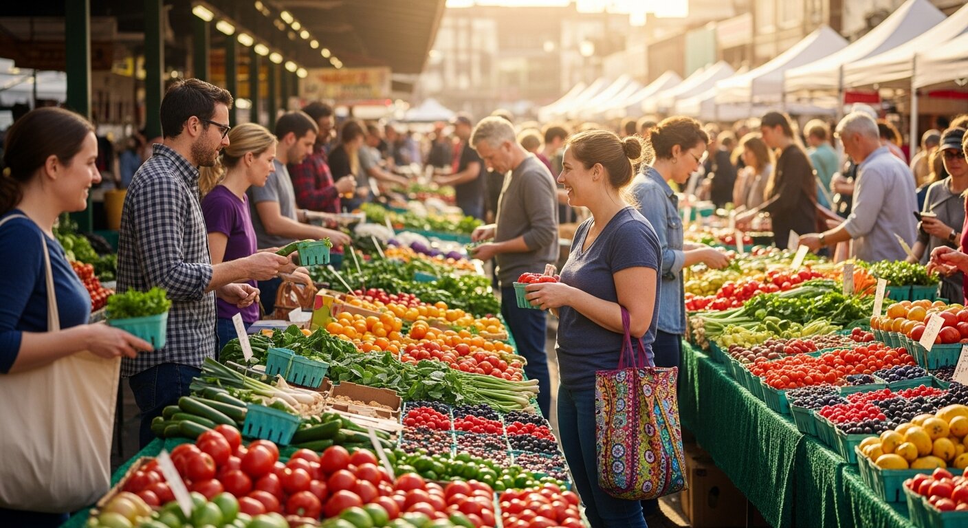 Nashville Farmers Market with colorful stalls and visitors.