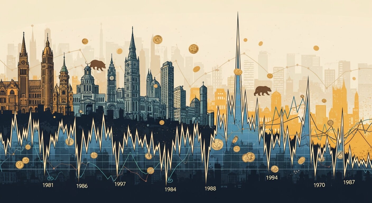 Timeline showing major stock market crashes and recoveries.