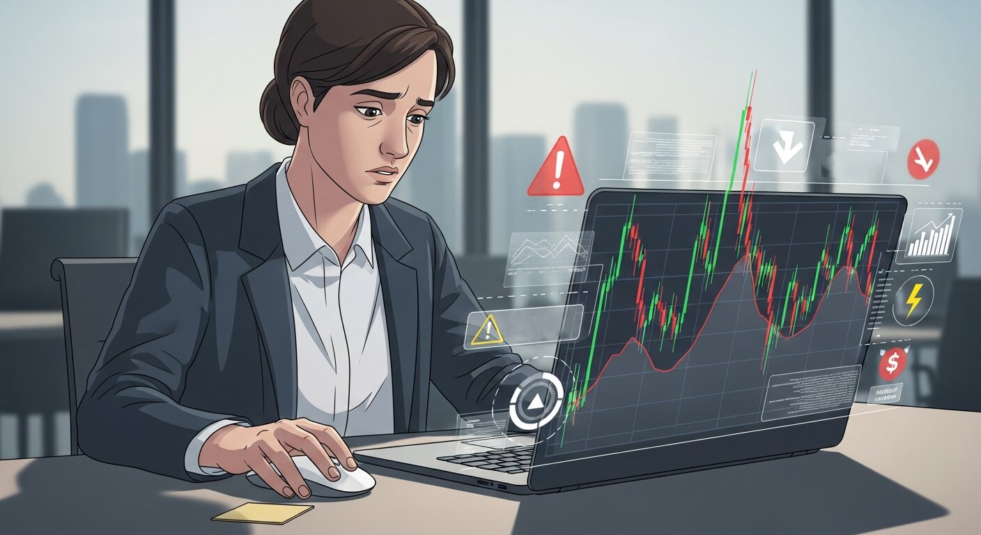 Investor viewing volatile stock market chart.