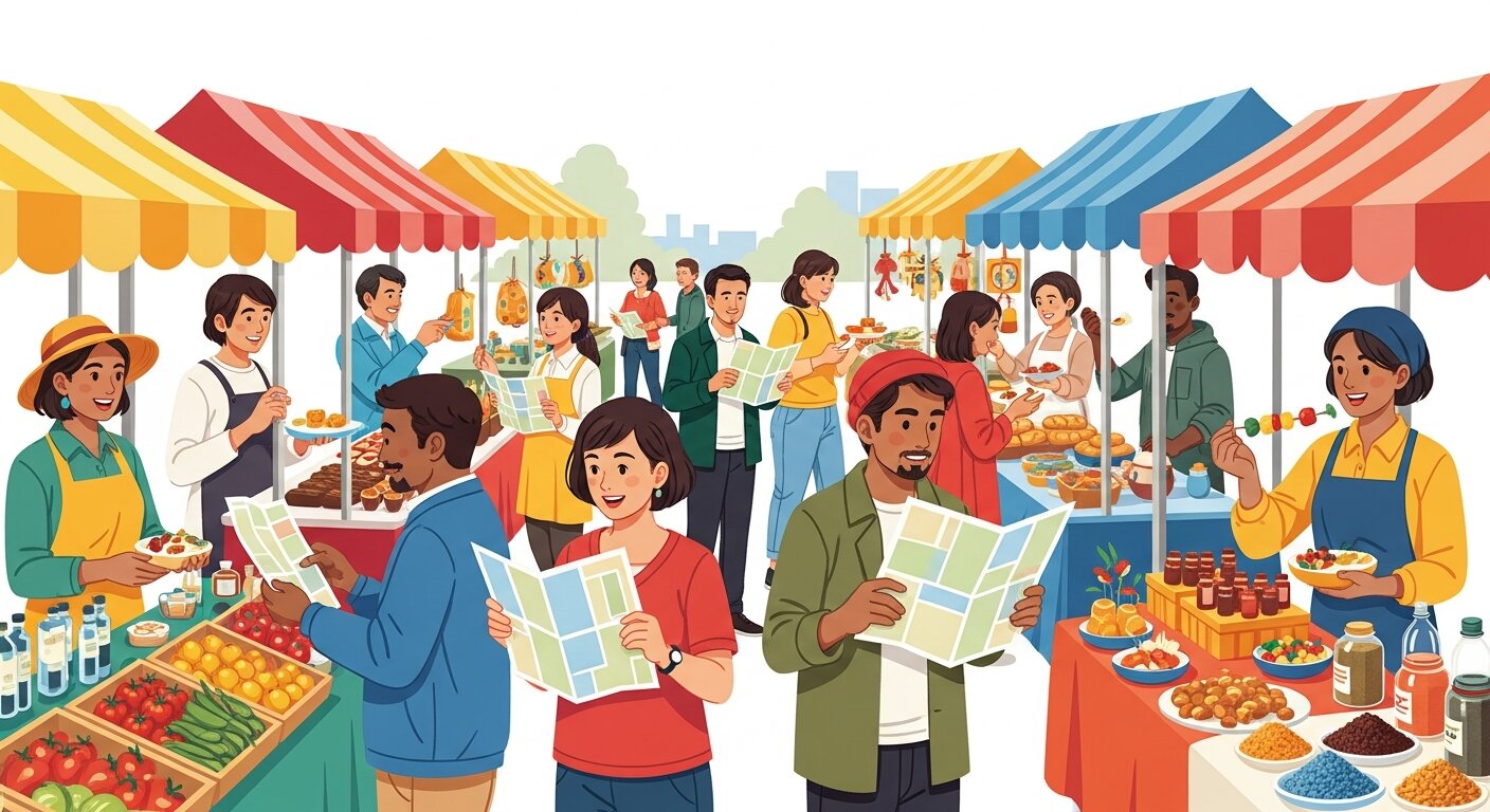 Visitors exploring and enjoying a vibrant outdoor market.