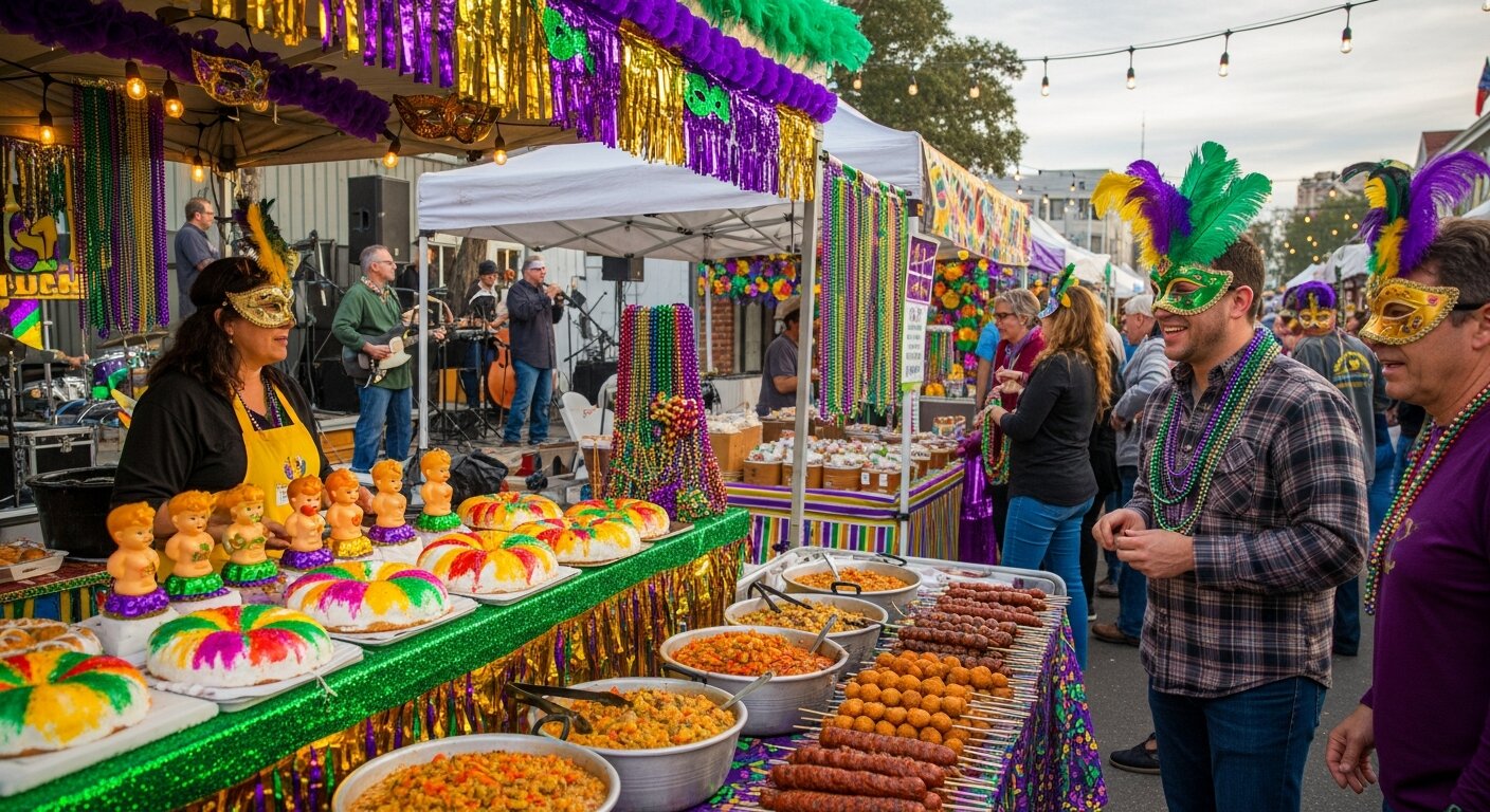 Visitors enjoying Mardi Gras-themed foods and decorations at Soulard Farmers Market