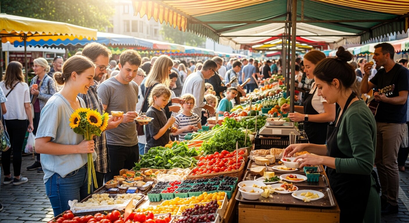 Visitors enjoying fresh produce and food samples at a farmers market event
