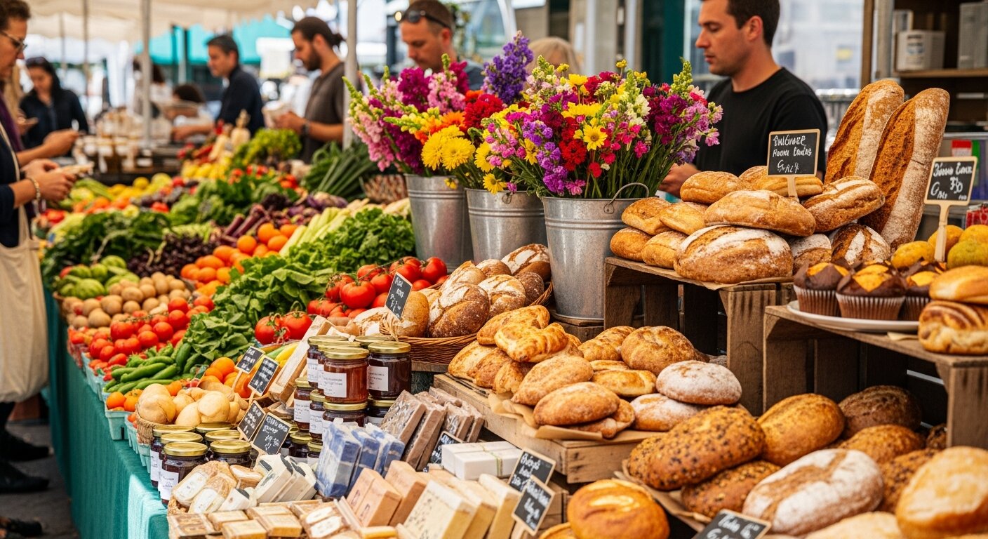 Fresh fruits, vegetables, and goods at a farmers market stall
