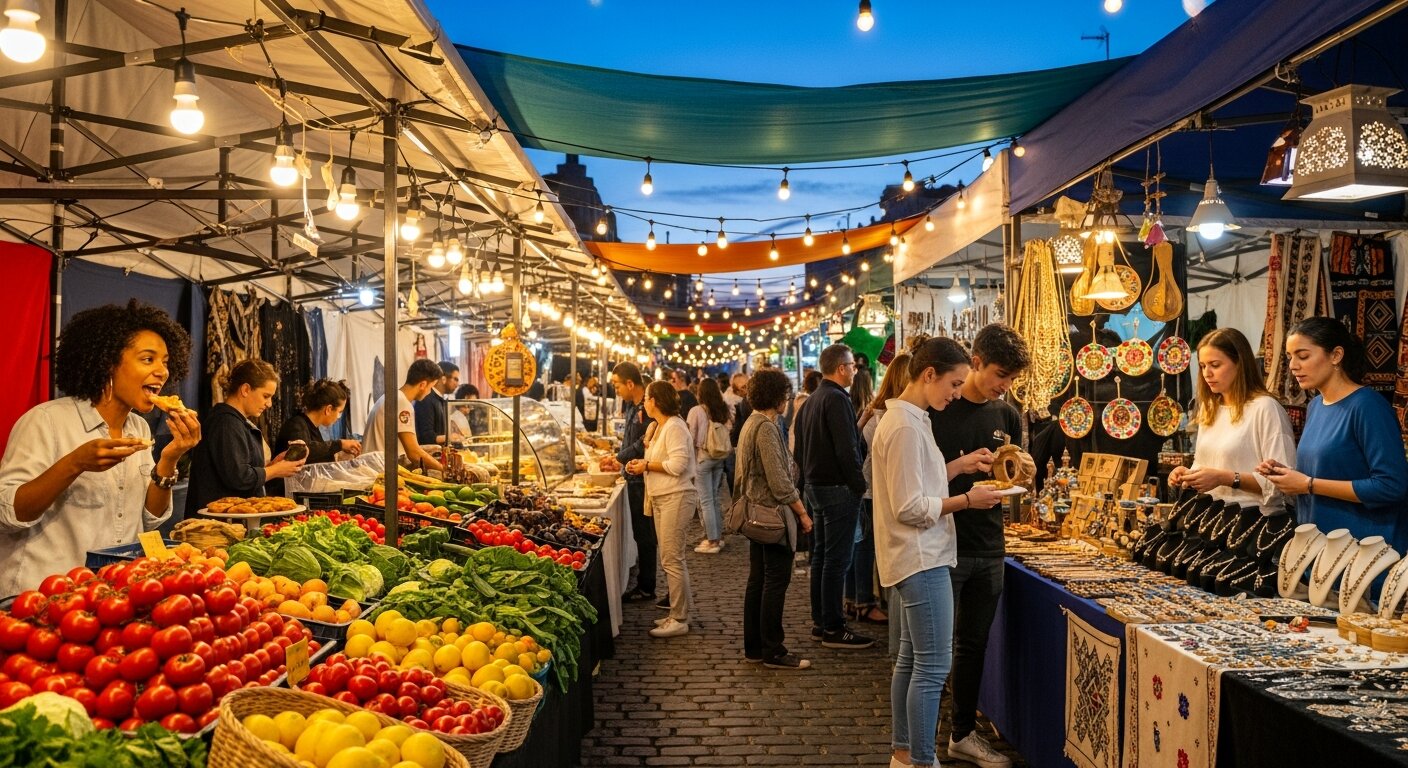 Outdoor market with stalls, visitors, and fresh produce at San Pedro Square Market