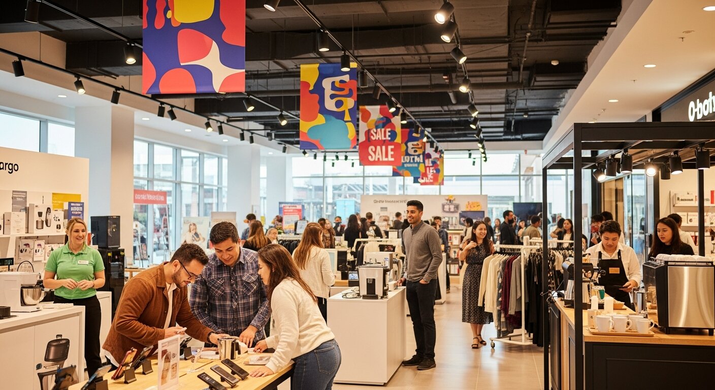 Customers engaging at a retail marketing event.