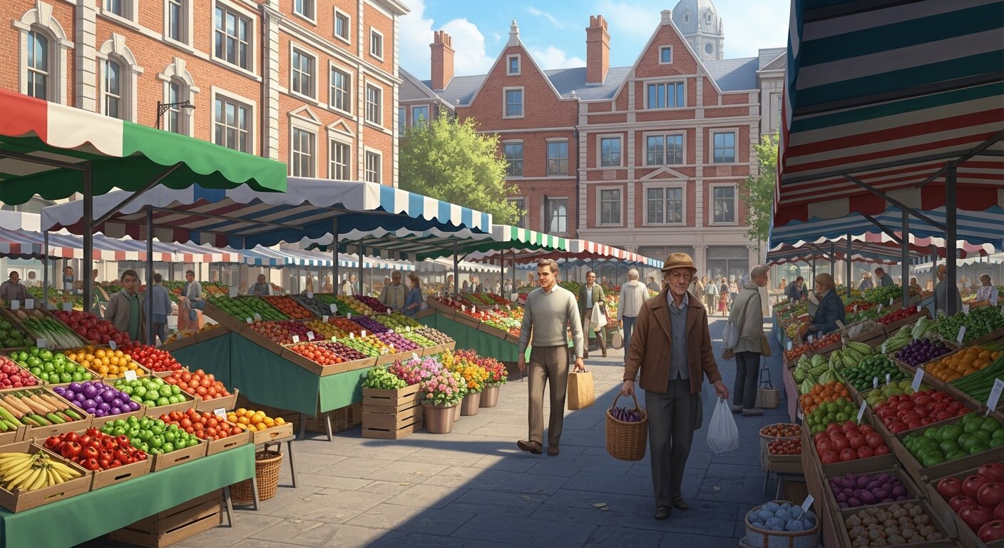 Historic Soulard Farmers Market with vendors and shoppers