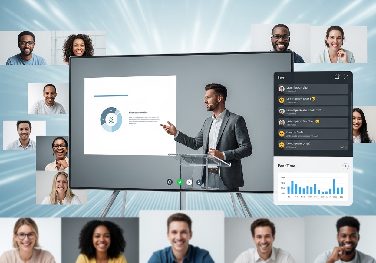 Virtual event in progress: a speaker on a screen presenting to an engaged online audience, with attendees interacting through chat and polls, modern and professional style, bright and clean background, no text.