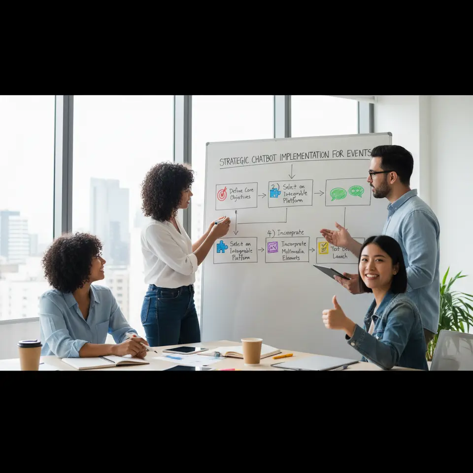 A visual flowchart illustrating the five key steps of strategic chatbot implementation for events: 1) Define core objectives, 2) Select an integrable platform, 3) Design conversation flows, 4) Incorporate multimedia elements, and 5) Test before launch. Each step is shown as a distinct panel with an icon (bullseye for objectives, puzzle piece for integration, chat bubbles for flows, image/GIF icon for multimedia, and a checklist for testing) connected by arrows.