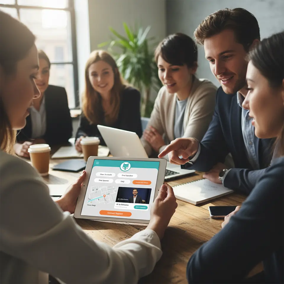 An engaging chatbot UI mockup for an event app: on-brand chatbot avatar at the top, concise text bubbles suggesting quick-reply buttons (e.g., “View Schedule,” “Find Speaker”), an embedded venue map thumbnail, a session image with ‘Add to Agenda’ button, and a prominent ‘Contact Support’ escalation button—all styled with the event’s color palette and logo.