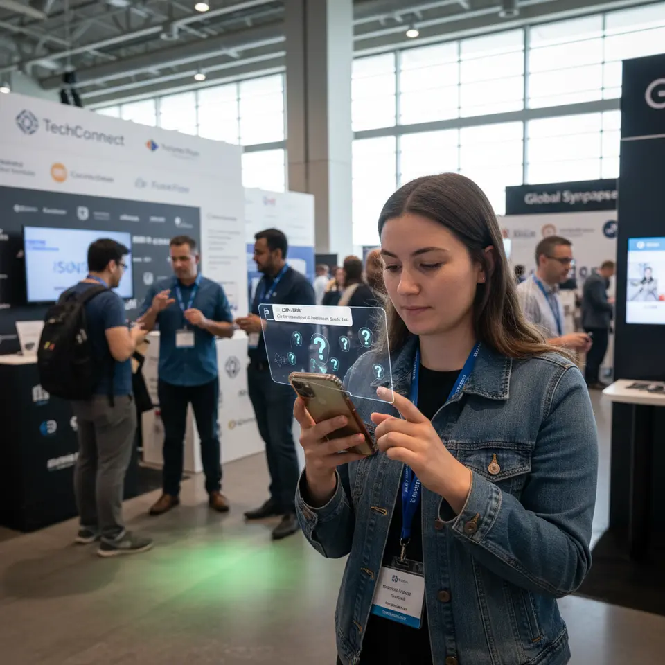 Integrating Mobile Experiences: A conference attendee navigating a lively exhibition hall using an event app on their smartphone. The screen displays AR overlays highlighting hidden puzzles, geofencing triggers that light up challenges as they move between zones, and push-notification pop-ups guiding them to scan codes at sponsor booths.