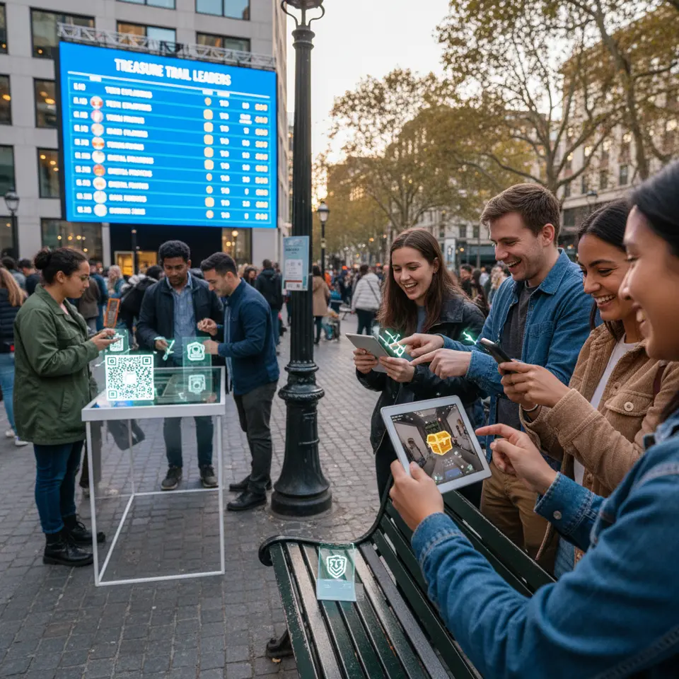 Digital and Physical Challenges: A dynamic scavenger hunt scene where participants use tablets and phones to scan QR codes and unlock AR treasure hunts, while others visit hands-on stations for product demos and collect digital badges. In the background, a large public leaderboard shows real-time point tallies to drive friendly competition.