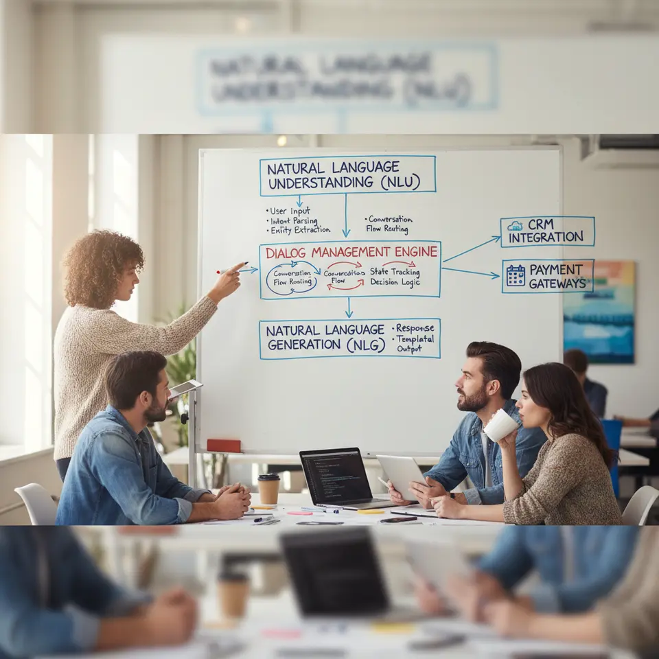 A schematic diagram of the chatbot architecture showing three core layers—Natural Language Understanding (NLU) parsing user inputs into intents and entities, a Dialog Management engine routing conversation flows, and Natural Language Generation (NLG) producing brand-aligned responses—plus integrations to CRM, event platforms, and payment gateways.