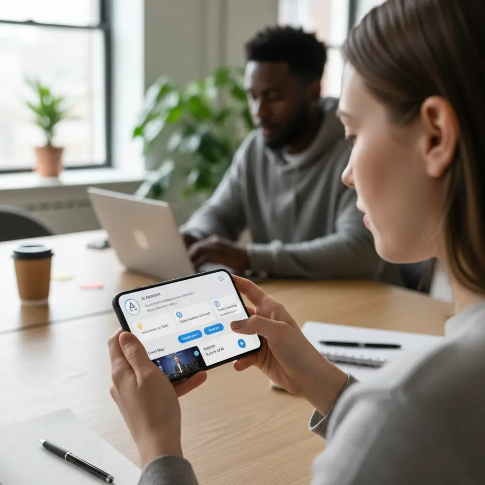 A vibrant chat interface mockup demonstrating personalized engagement: the bot proactively sends session recommendations (with icons for topics), quick-reply buttons, an embedded floor plan image, and a video preview card, illustrating rich media support and AI-driven suggestions.