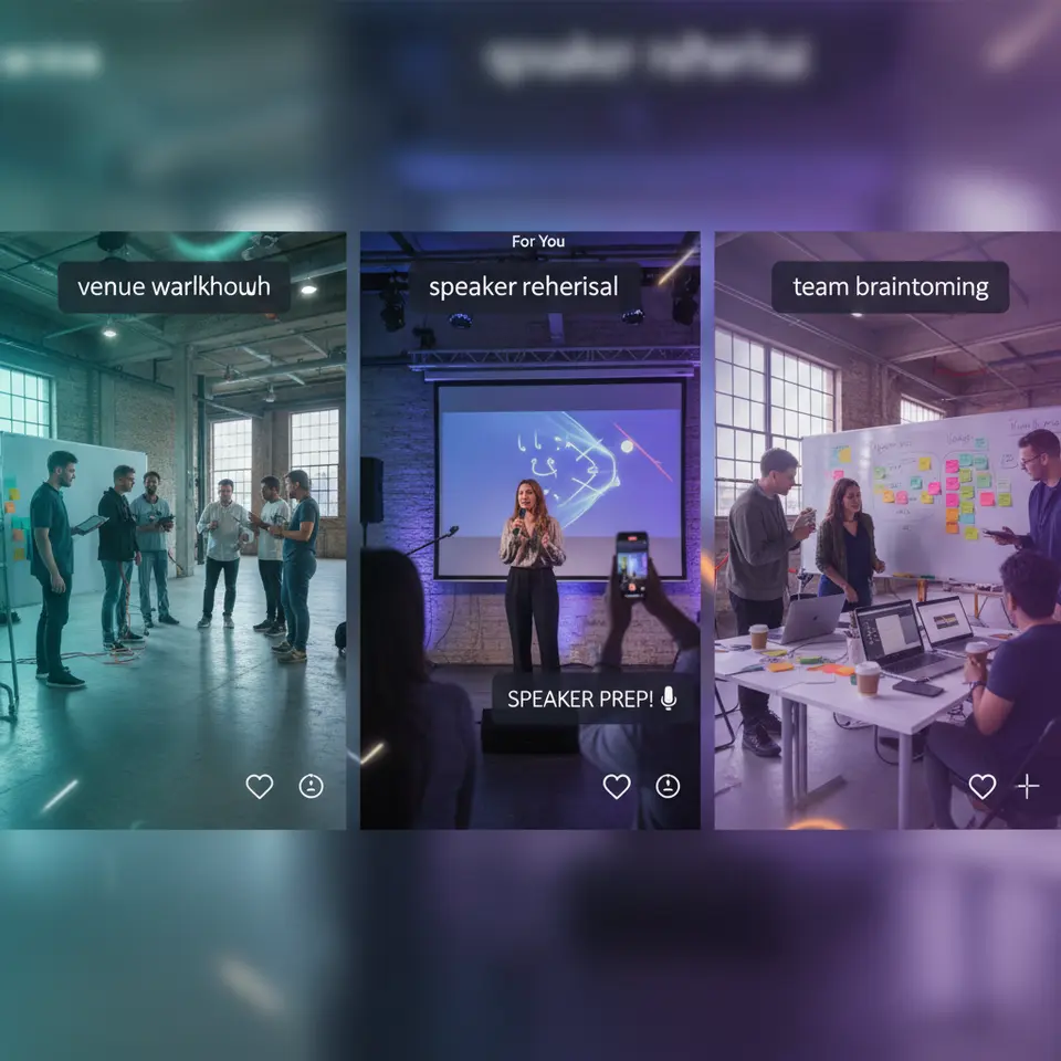 Visual Storytelling Techniques: a dynamic montage showing a behind-the-scenes event setup—venue walkthrough, speaker rehearsal, team brainstorming—overlaid with TikTok effects, filters, split-screen and match-cut transitions in the event’s brand colors