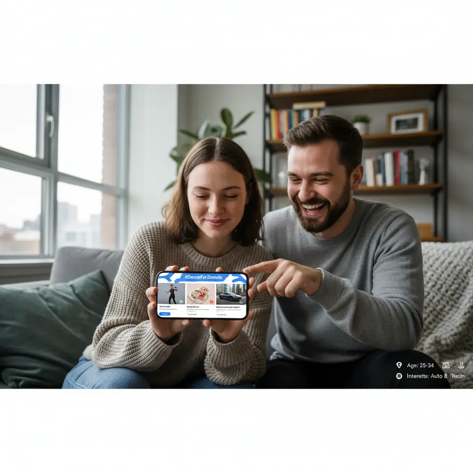 TikTok Ads Showcase: a smartphone screen displaying three distinct ad formats side by side—in-feed skippable video in the scrolling feed, a branded hashtag challenge banner at the top with a custom hashtag graphic, and a full-screen TopView/Brand Takeover ad with targeting icons (age, interest, location)