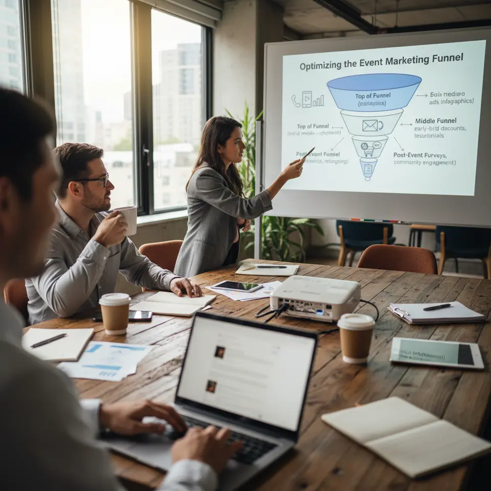 Optimizing the Event Marketing Funnel: A four-stage funnel diagram with labeled layers—Top of Funnel (social media ads, infographics), Middle of Funnel (email sequences, retargeting), Bottom of Funnel (early-bird discounts, testimonials), Post-Event Funnel (surveys, community engagement)—connected by arrows and illustrative icons.