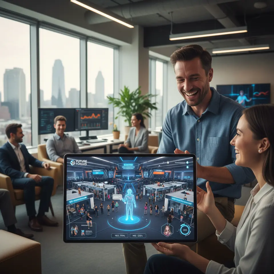 Metaverse Integration for Hybrid Experiences: A vibrant 3D virtual event space featuring branded conference halls, expo booths, and networking lounges, populated by interactive avatars using proximity voice chat and digital business cards, with a holographic presenter on stage and live polling overlays