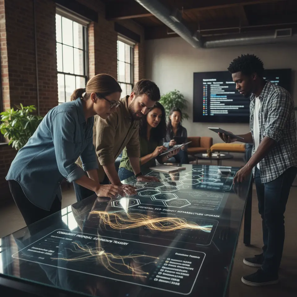 DAO-Powered Community Collaboration: A futuristic governance dashboard showcasing diverse stakeholders casting token-weighted votes on community proposals, a transparent on-chain treasury visualization, and digital forums where participants submit ideas and track collective decisions