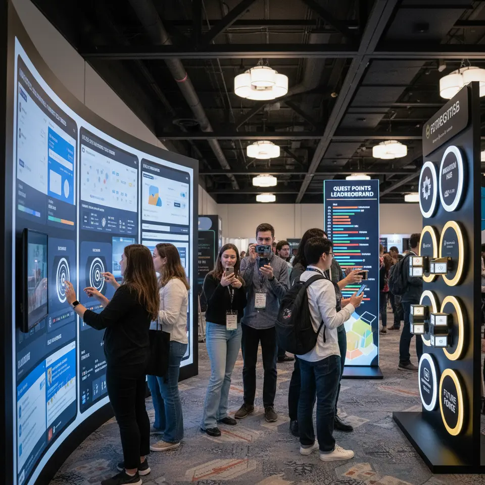 Introducing Gamification and Interactive Stations: A vibrant expo floor with touch-sensitive walls streaming live poll results, guests scanning RFID badges, mobile screens revealing an AR scavenger hunt, point leaderboards glowing nearby, and colorful branded challenges inviting hands-on play.