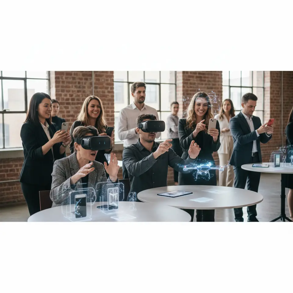 Augmented and Virtual Reality Experiences: A scene showing event attendees wearing VR headsets and using AR-enabled smartphones to interact with digital product prototypes overlaid on real tables, while sharing AR filters and videos on social media.
