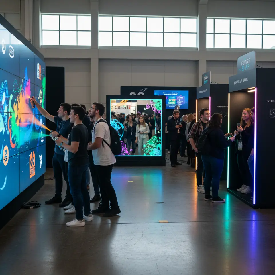 Immersive Installations and Photo Opportunities: A vibrant expo space featuring interactive AR mirrors, a motion-responsive digital graffiti wall where attendees use virtual spray cans to create art, and branded photo booths with dynamic lighting for shareable moments.